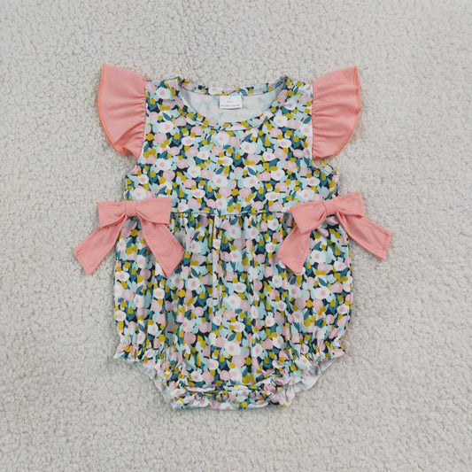 SR4125 Newborn Baby Girls Flutter Sleeve Colorful Flowers Ruffle Rompers