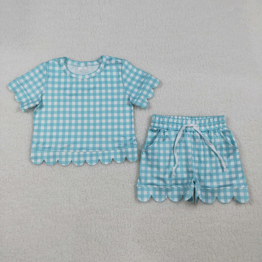 GSSO3190 Kids Baby Girl Short Sleeve Blue Checked Shirts Top Scallop Shorts Clothes Sets