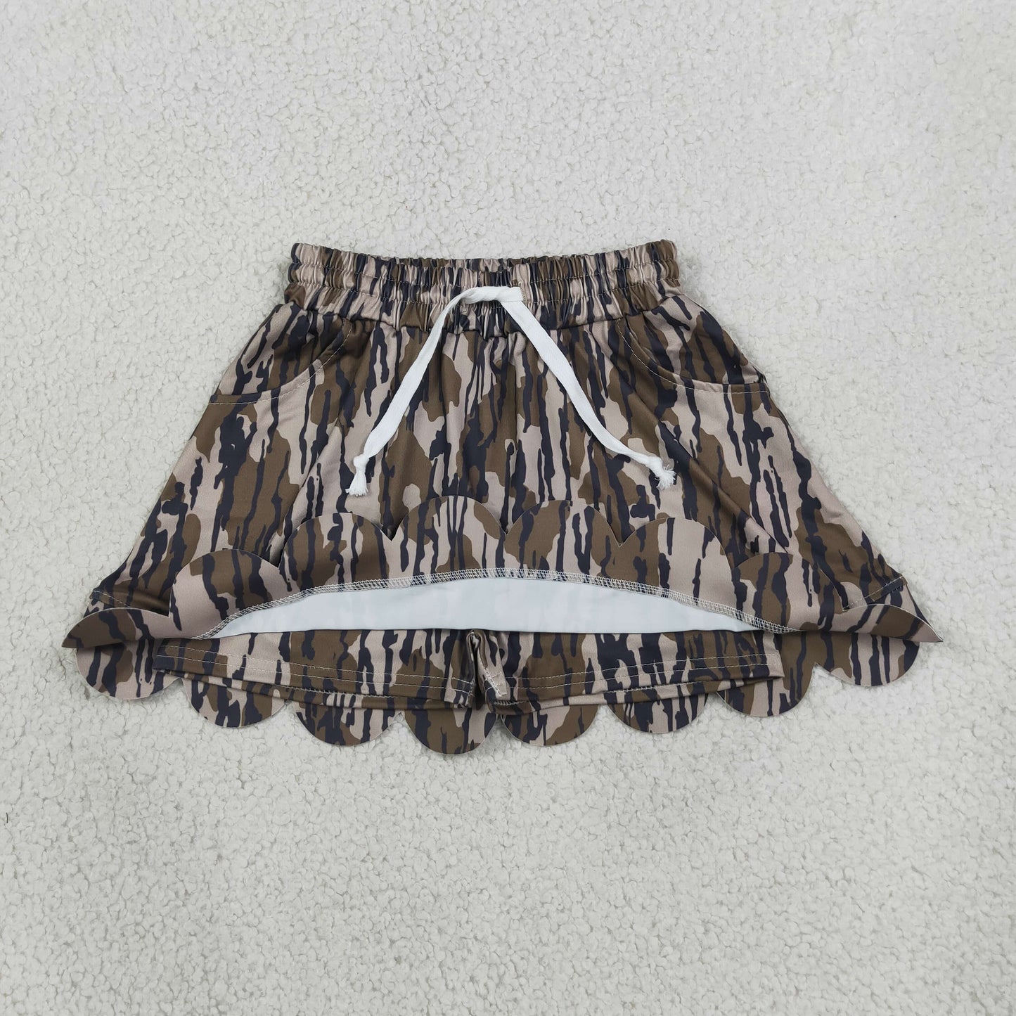 GLK0298 Kids Clothing Baby Girls Southern Olive Wood Camo Scallop Pockets Skirt Shorts Bottom