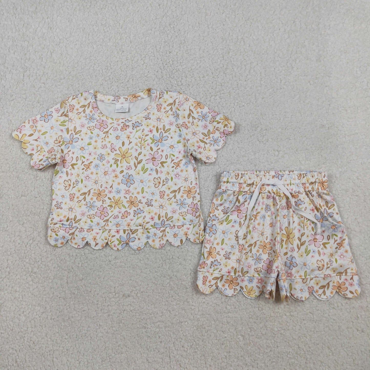 GSSO3268 Kids Baby Girls Short Sleeve Colorful Flowers Top Shorts Scallop Clothes Sets