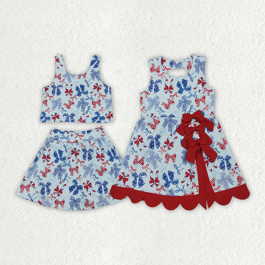 Baby Girls Sibling Red Blue Bows 4th of July Yoga Active Skirt Shorts Set Knee Length Dresses