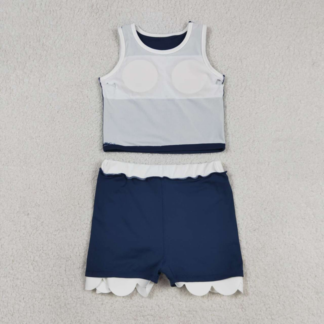 GSD4024 Kids Baby Girls Sleeveless Navy White Vest Scallop Skirt Short Yoga Active Clothes Set