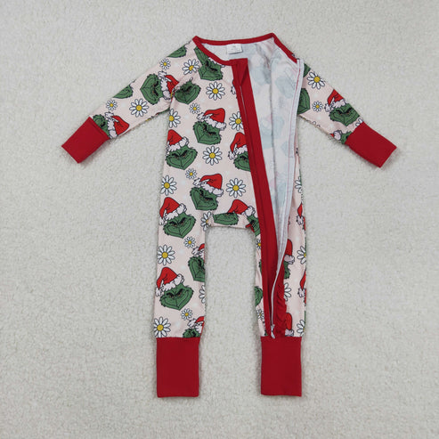 9.17 LR2489 Baby Girls Long Sleeves Christmas Green Face Flowers Ruffle Zipper Romper