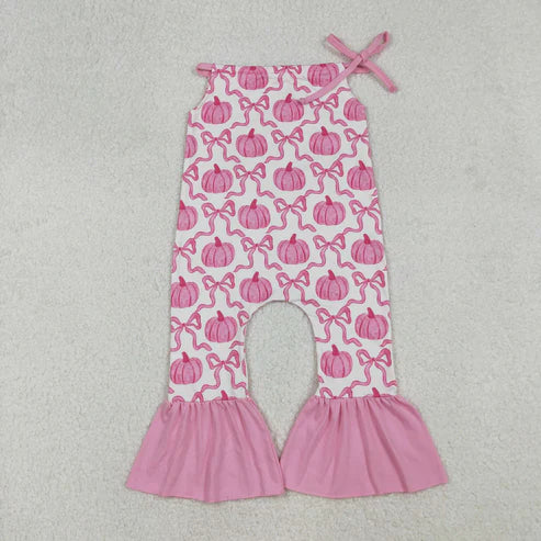 9.17 SR3200 Baby Girls Pink Strap Bows Pumpkins Plaid Bell Bottom Fall Jumpsuit