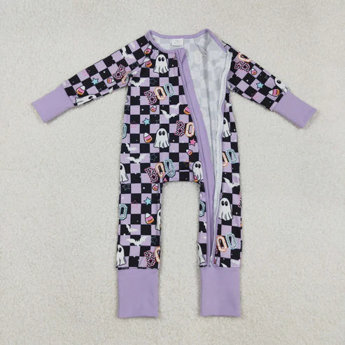 9.16 LR2541 Baby Girls Black Plaid Ghosts Candy Halloween Zipper Footie Romper