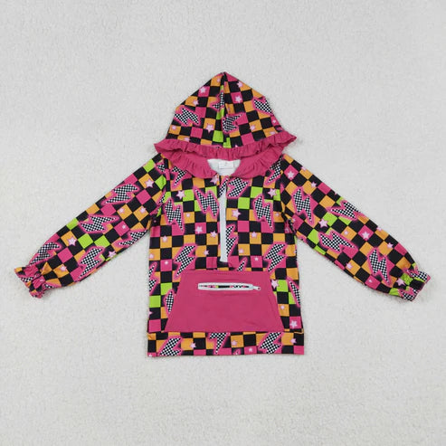 9.6 GT1117 Baby Girls Long Sleeves Lights Stars Plaid Pockets Zipper Hoodies Top