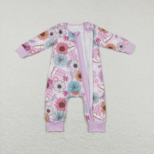 9.20 Sibling Baby Girls Lavender Pink Flowers Boots Top Pants Pajamas Sets Zipper Rompers