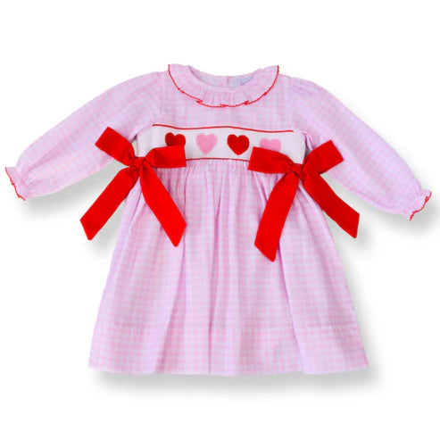 9.23 GLD1329 Baby Girls Pink Checked Hearts Bows Valentine Knee Length Dresses Preorder