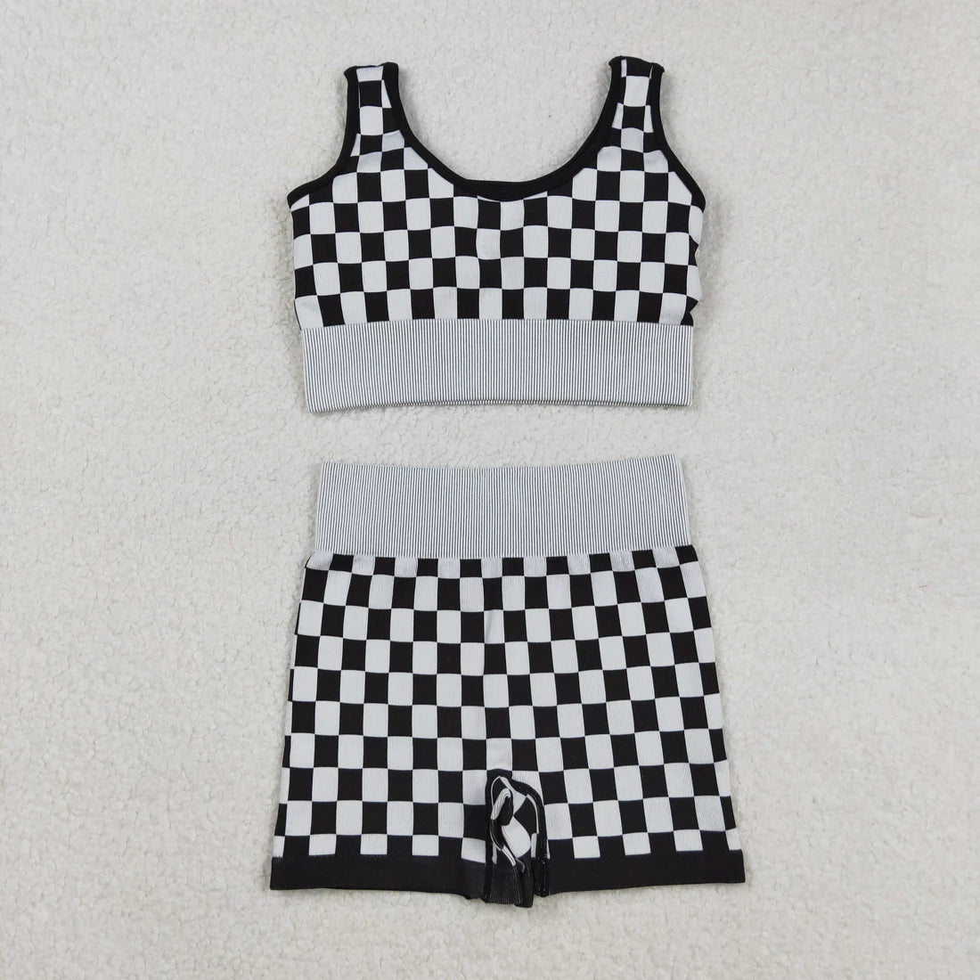 9.13 GT1189+SS0644 Adult Women Black Checkered Crop Bra Top Shorts Yoga Outfits Set