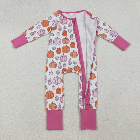 9.24 LR2566 Baby Girls Colorful Pumpkins Plaid Fall Ruffle Zipper Footie Romper