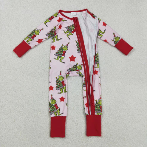 9.17 LR2496 Baby Girls Long Sleeves Green Faces Trees Plaid Ruffle Zipper Romper