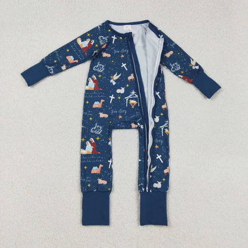 9.16LR2504 Baby Boys Hot Blue Nativity Christmas Zipper Footie Romper