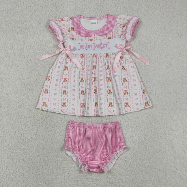 GBO0520 Kids Embroidery Be Ary Sweet Baby Girls Heart Bears Stripe Tunic Bummies Clothes Sets