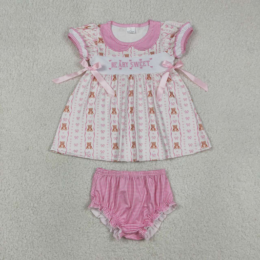 GBO0520 Kids Embroidery Be Ary Sweet Baby Girls Heart Bears Stripe Tunic Bummies Clothes Sets