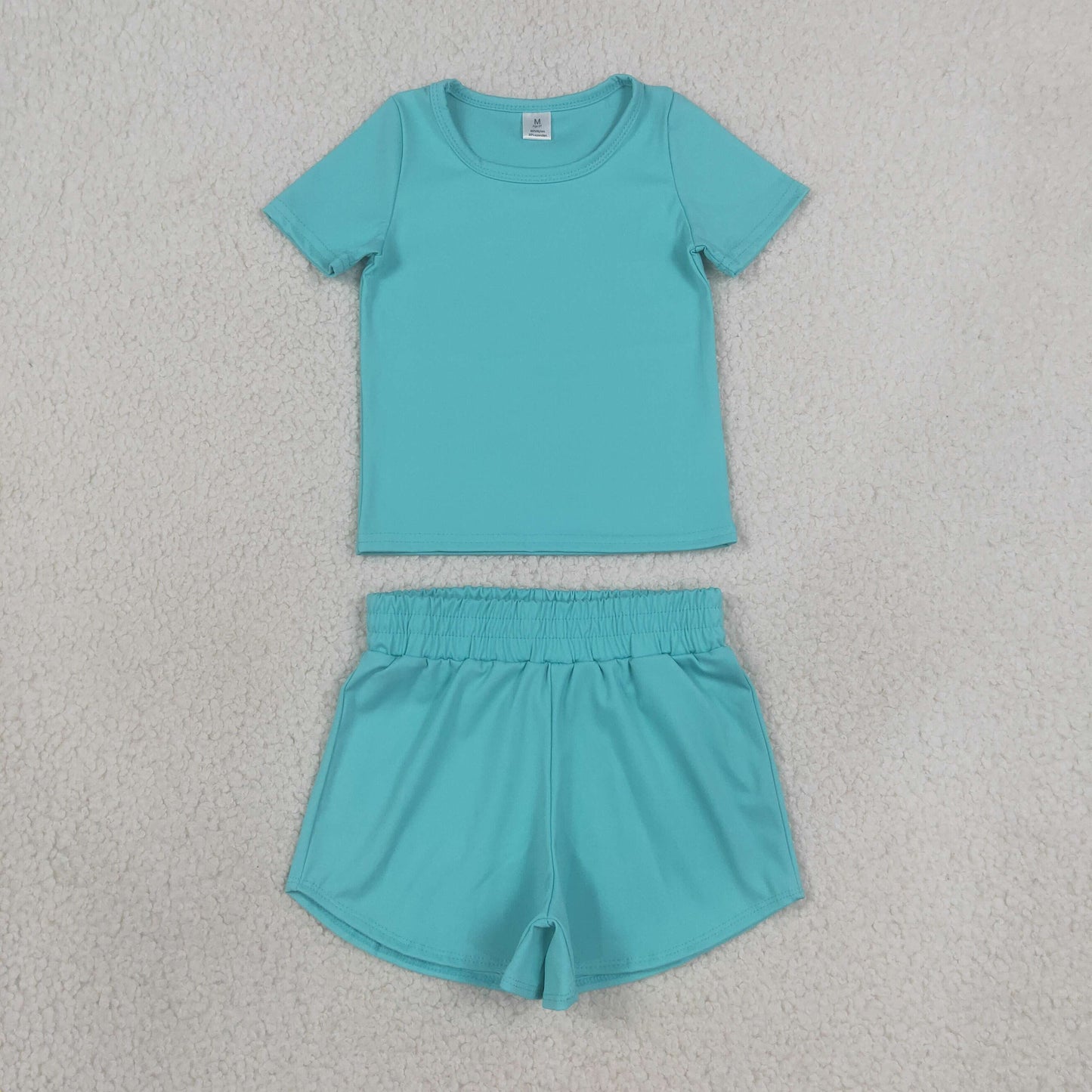 GSSO3768Kids Clothing Baby Girl Blue Aqua Short Sleeve Top Sport Short Yoga Active Clothes Sets