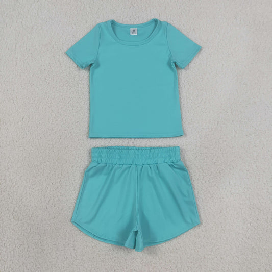 GSSO3768Kids Clothing Baby Girl Blue Aqua Short Sleeve Top Sport Short Yoga Active Clothes Sets
