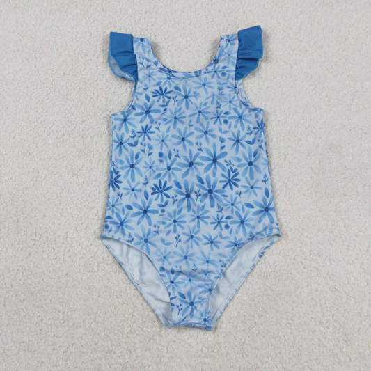S0515 Kids Baby Girls Flutter Sleeve Blue Flowers One Piece Bummies Swimsuits