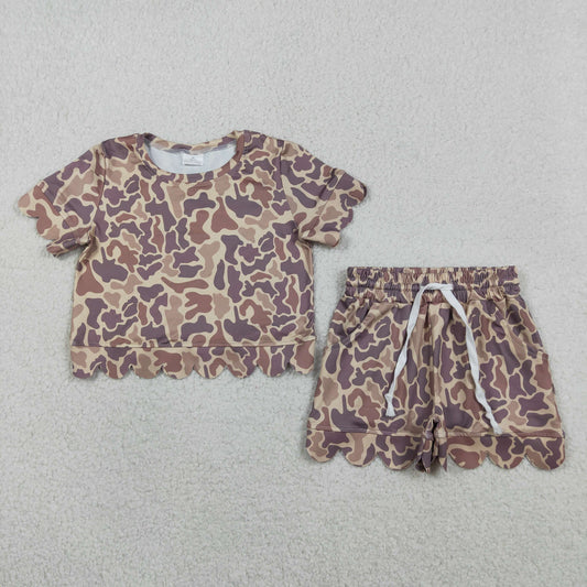 GSSO3227 Kids Baby Girls Southern Khaki Camo Top Shorts Scallop Clothes Sets