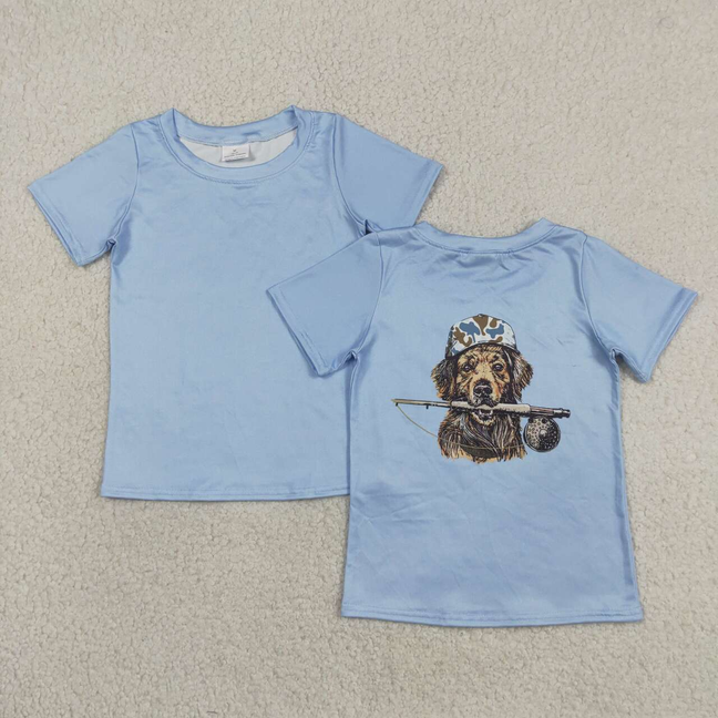 BT1761 Kids Baby Boys Blue Short Sleeve Dogs Fishing Hunting T-shirts Top