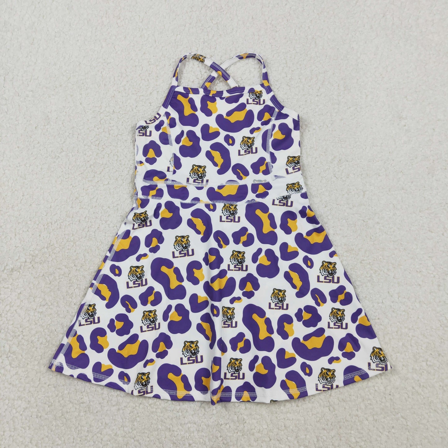 GSD3639 Kids Baby Girl Strap Purple Leopard LSU Tigers Team Yoga Active Shorts Knee Length Dresses