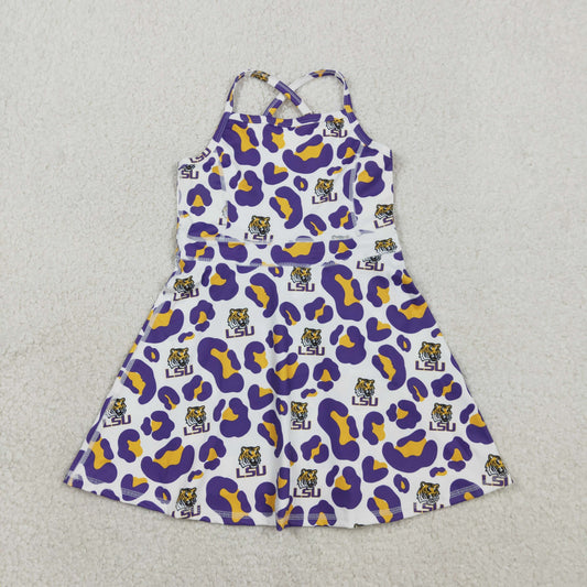 GSD3639 Kids Baby Girl Strap Purple Leopard LSU Tigers Team Yoga Active Shorts Knee Length Dresses