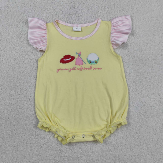 SR4105 Newborn Embroidery Hats Dress Got a Friend Baby Girls Flutter Sleeve Cartoon Ruffle Rompers
