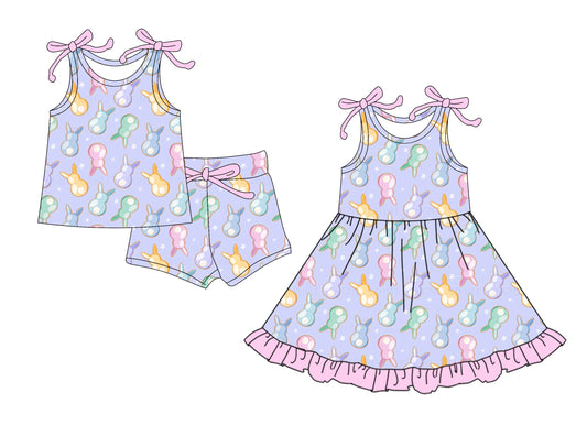26.1.5 Custom MOQ:3 or 5 pcs each design milk silk Sibling baby girl clothes easter short sleeve shorts sets and dress