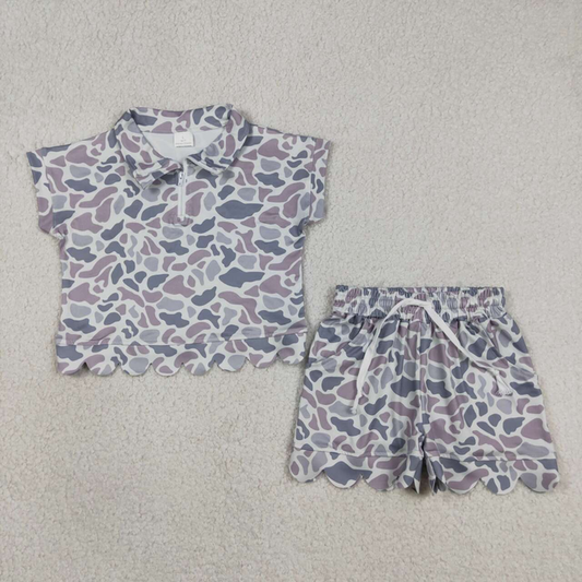 GSSO3564 Kids Baby Girls Southern Light Grey Camo Zip Top Pockets Short Scallop Clothes Sets