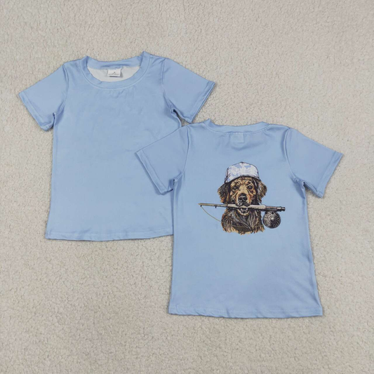 BT1765 Kids Baby Boys Blue Short Sleeve Back Dog Fishing Hunting T-shirts Top