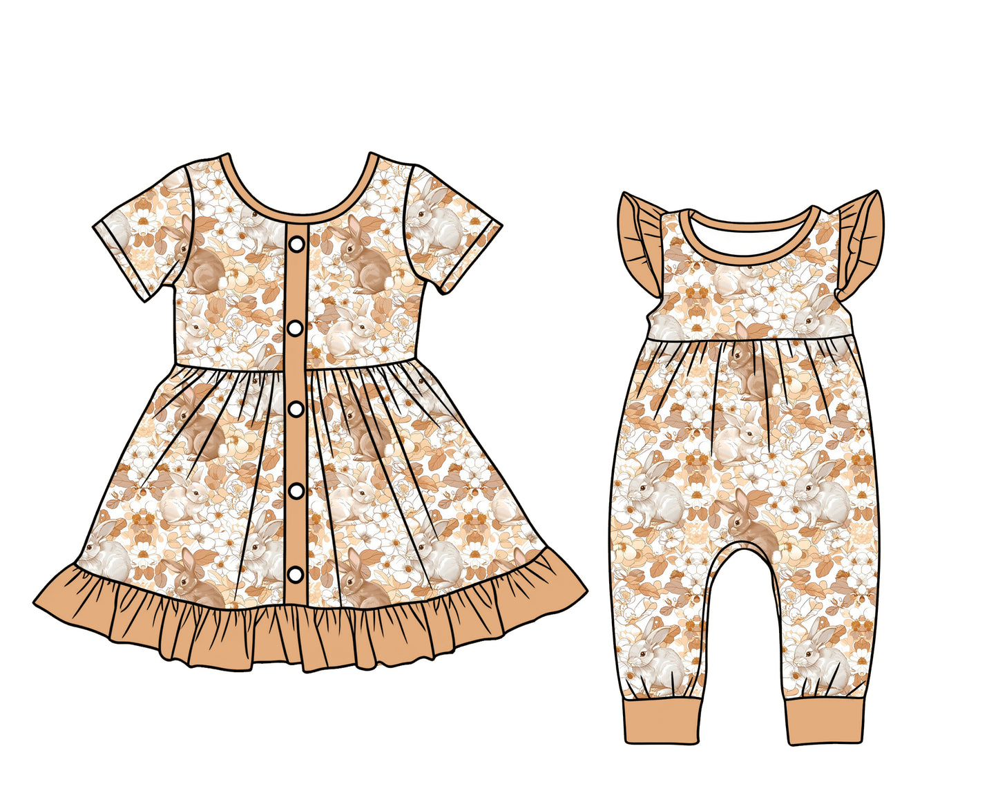 26.1.5 Custom MOQ:3 or 5 pcs each design milk silk Sibling baby girl clothes easter short sleeve dress and romper