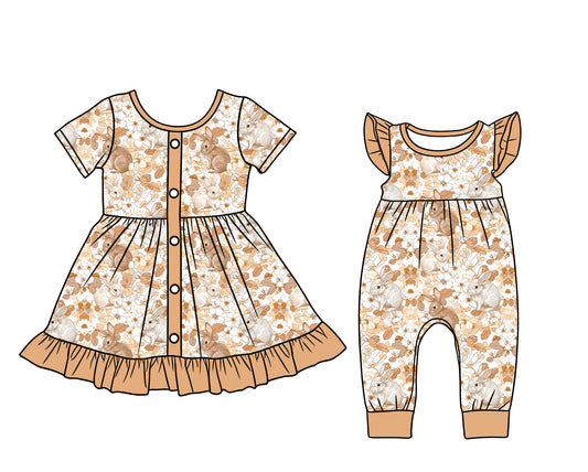 26.1.5 Custom MOQ:3 or 5 pcs each design milk silk Sibling baby girl clothes easter short sleeve dress and romper