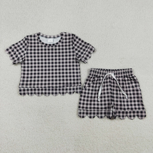 GSSO3182 Kids Baby Girls Short Sleeve Black Checked Top Shorts Scallop Clothes Sets