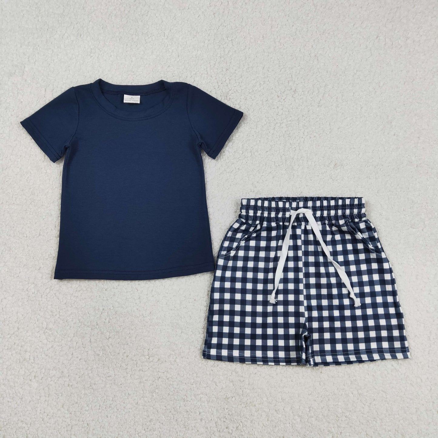 BSS01882 Kids Baby Boy Navy Short Sleeve Shirts Top Checked Pockets Short Clothes Sets