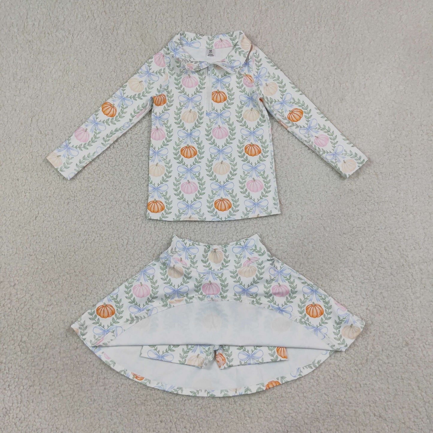 GLD1635 Kids Clothing Baby Girls Pumpkins Bows Zipper Pullover Skirt Short Fall Yoga Active Clothes Sets