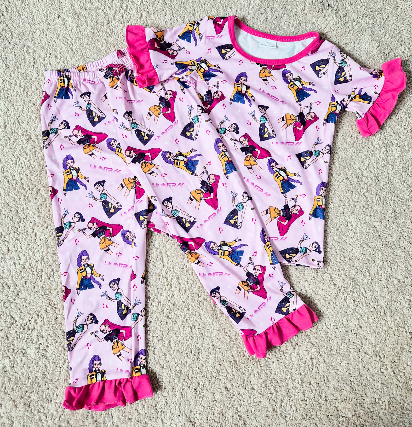 RTS NO MOQ（In Stock) GSPO2121 Baby Girls Pink Cartoon Girls Top Ruffle Pants Pajamas Set