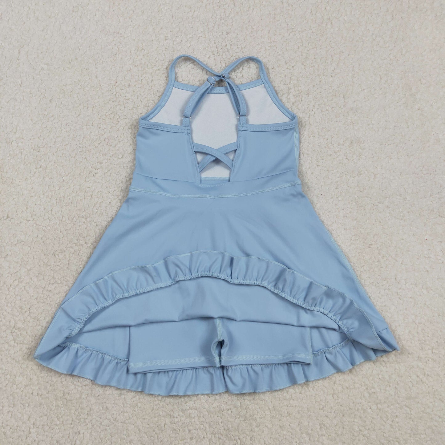 S0713 Kids Baby Girl Light Blue Strap Yoga Active Shorts Ruffle Knee Length Dresses