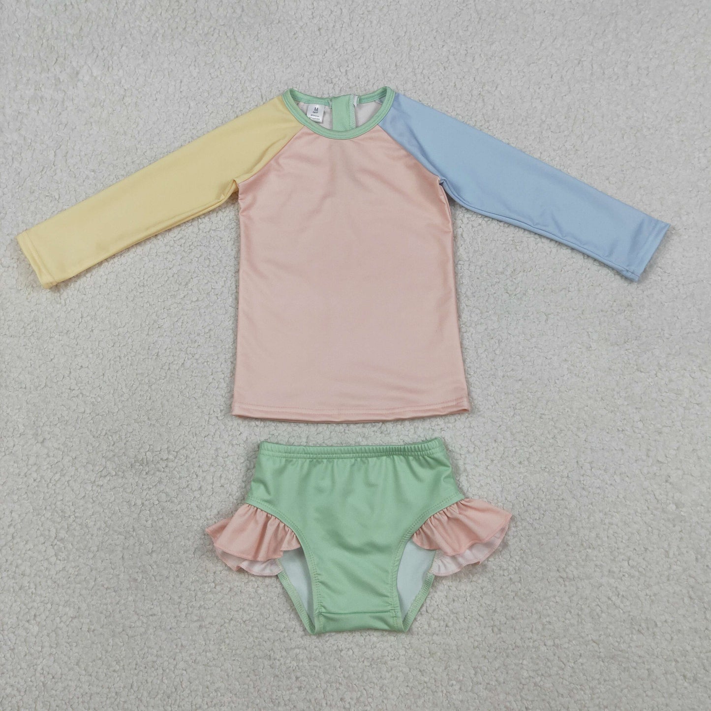 S0637 Kids Baby Girls Yellow Aqua Blue Pink Patchwork Top Ruffle Bummies Swimsuits