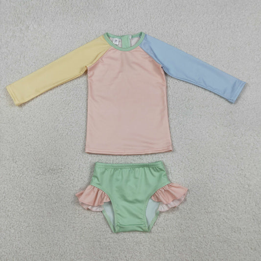S0637 Kids Baby Girls Yellow Aqua Blue Pink Patchwork Top Ruffle Bummies Swimsuits