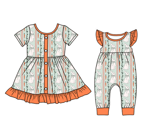 26.1.5 Custom MOQ:3 or 5 pcs each design milk silk Sibling baby girl clothes easter short sleeve dress and romper