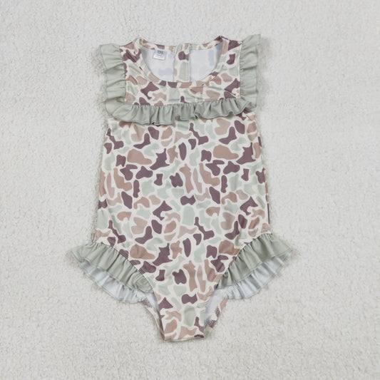 RTS NO MOQ(In Stock) S0595 Camouflage Light Green Lace Beige One-Piece Swimsuit