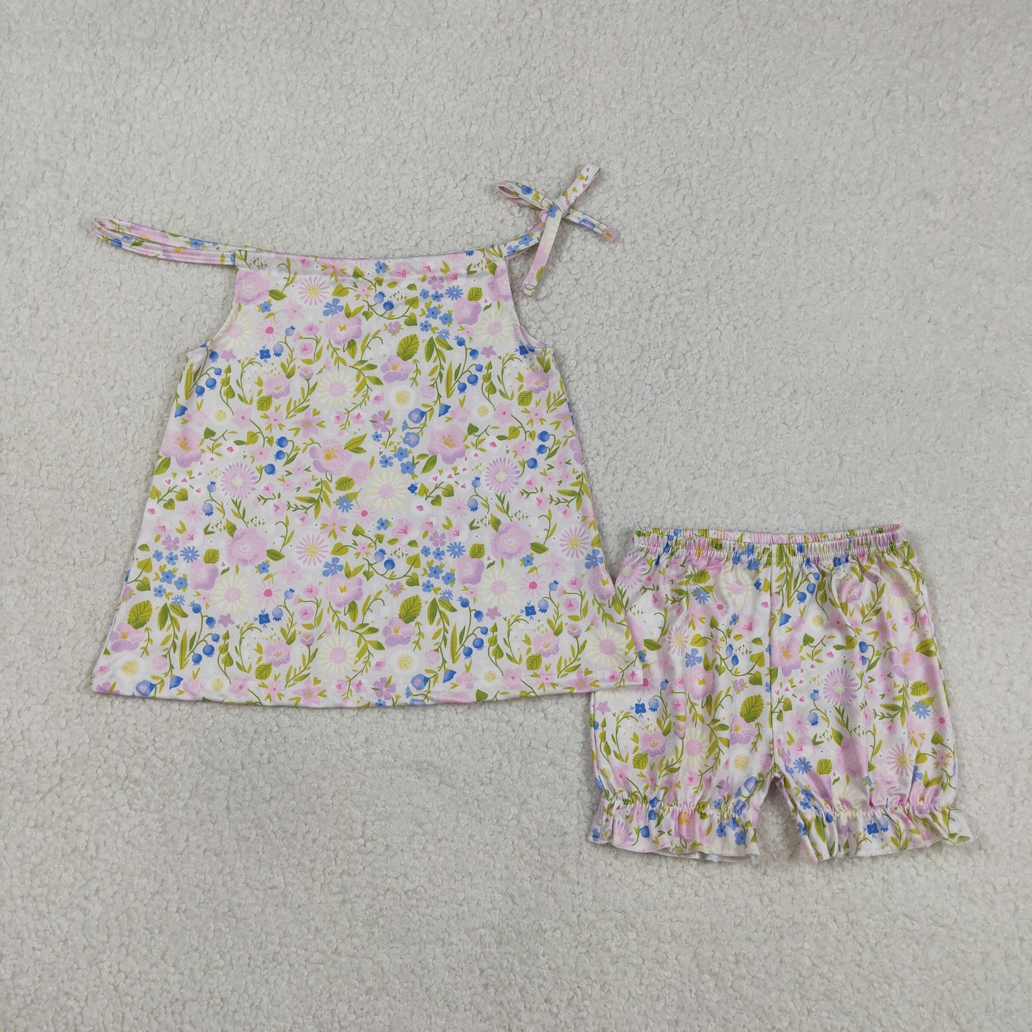 GSSO2778 Kids Baby Girl Pink Strap Floral Tunic Ruffle Shorts Clothes Sets