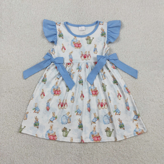 RTS NO MOQ(In Stock) GSD3452 Easter Bunny Blue Bow White Flutter Sleeve Dress