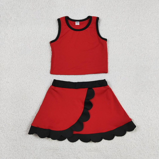 GSD4028 Kids Baby Girls Sleeveless Red Black Vest Scallop Skirt Short Yoga Active Clothes Set