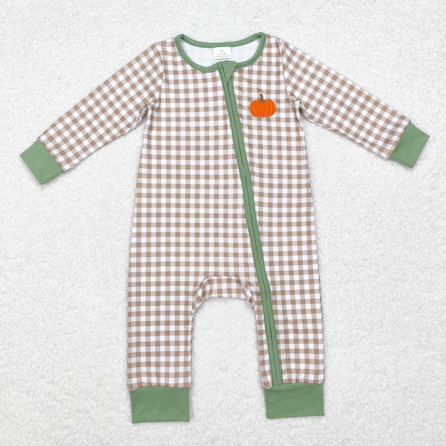 LR1254 Baby Infant Boys Fall Checkered Pumpkin Zip Rompers