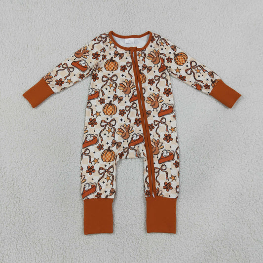 LR3119 Newborn Baby Girls Turkey Pumpkins Bows Thanksgiving Two Way Zip Convertible Rompers