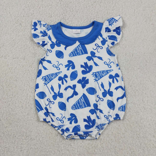 SR3192 Newborn Baby Girls Flutter Sleeves Blue Cheer Bows Team Ruffle Rompers