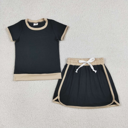 GSD3923 Kids Baby Girls Short Sleeve Black Top Skirt Shorts Cotton Clothes Sets