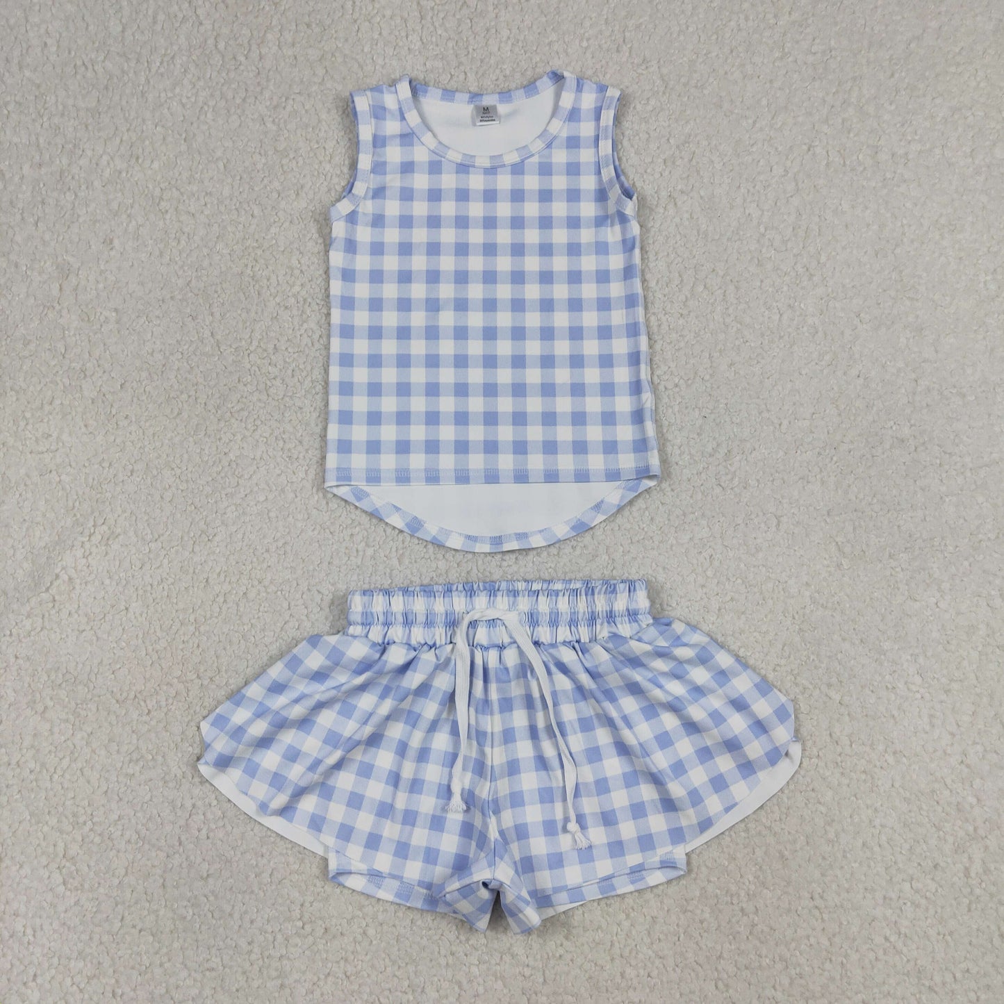 GSSO3479 Kids Baby Girls Blue Checked Vests Top Butterfly Short Yoga Active Clothes Set