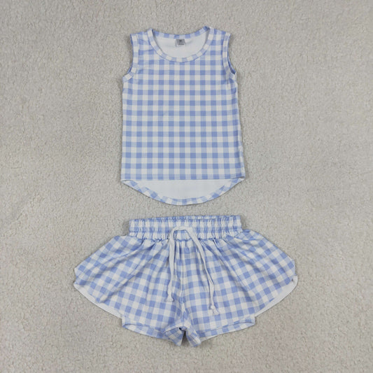 GSSO3479 Kids Baby Girls Blue Checked Vests Top Butterfly Short Yoga Active Clothes Set