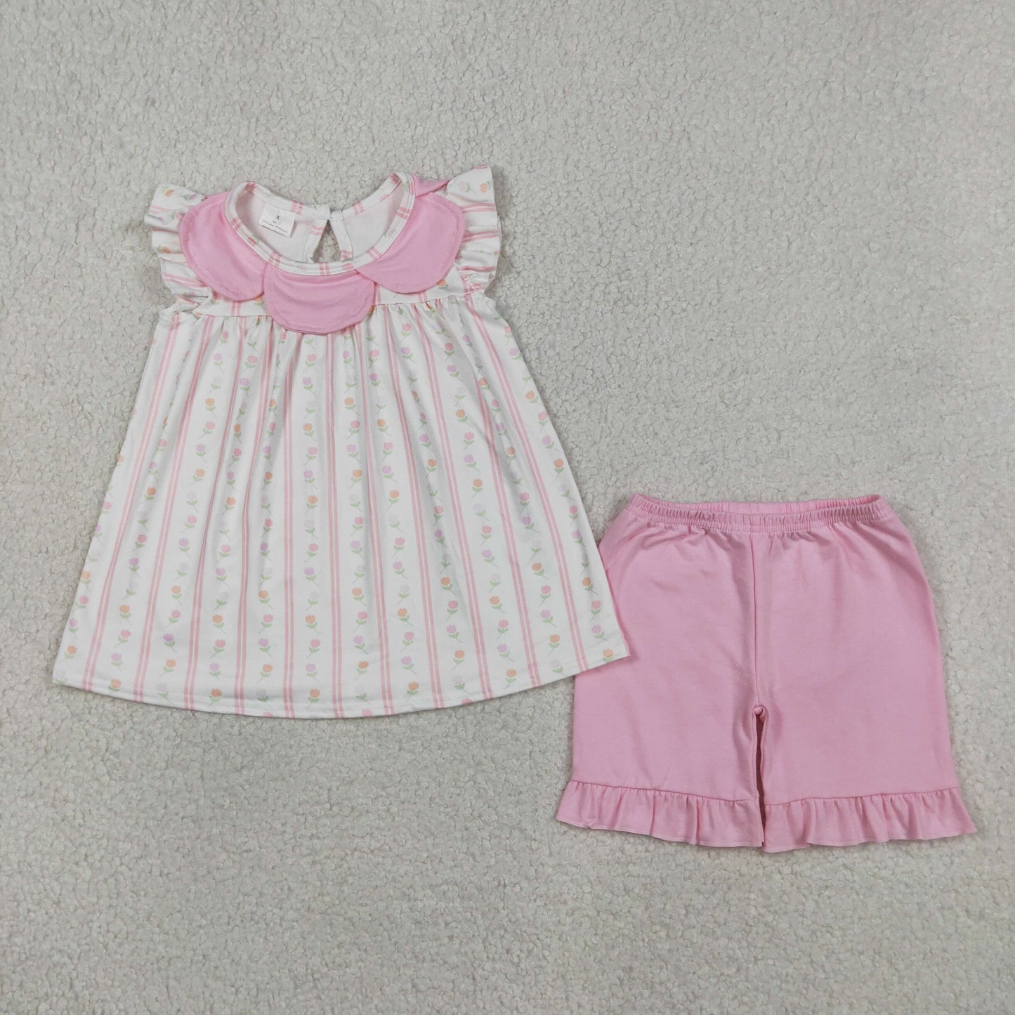 GSSO3363 Kids Baby Girls Pink Flowers Stripe Collar Tunic Ruffle Shorts Clothes Sets